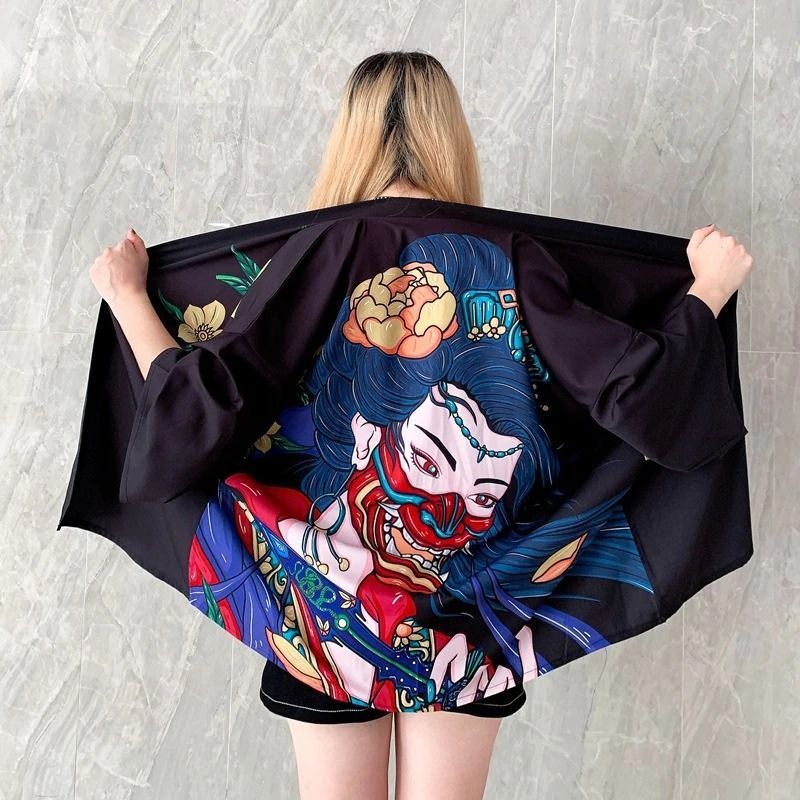 Veste kimono femme geisha et masque oni