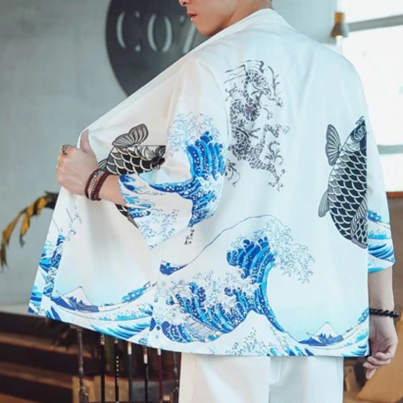 Veste Kimono – Haori homme Koï blanc 3