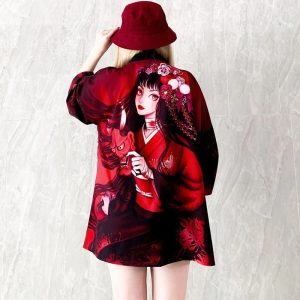 Veste kimono femme geisha et masque oni 5