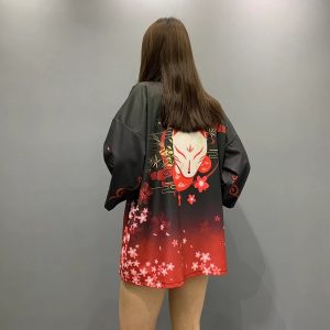 Veste kimono femme masque Kitsune et sakura 4