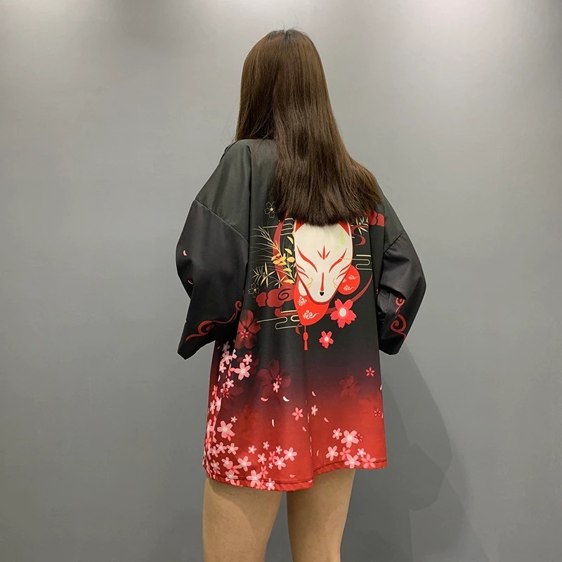 Veste kimono femme kitsune et lanternes