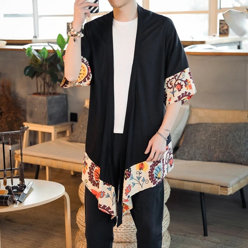 Veste Kimono longue pour homme – fleurs japonaises