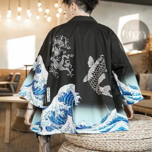 Veste Kimono homme Koï et vague de Kanagawa