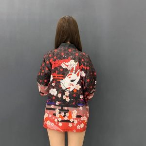 Veste kimono femme masque Kitsune et sakura