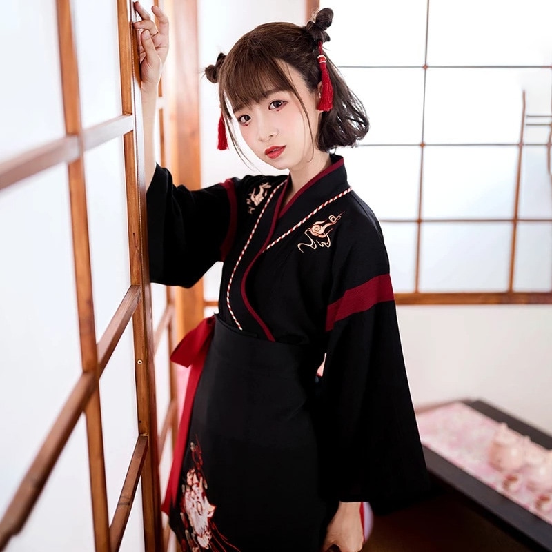 Ensemble robe japonaise femme motif Neko 4