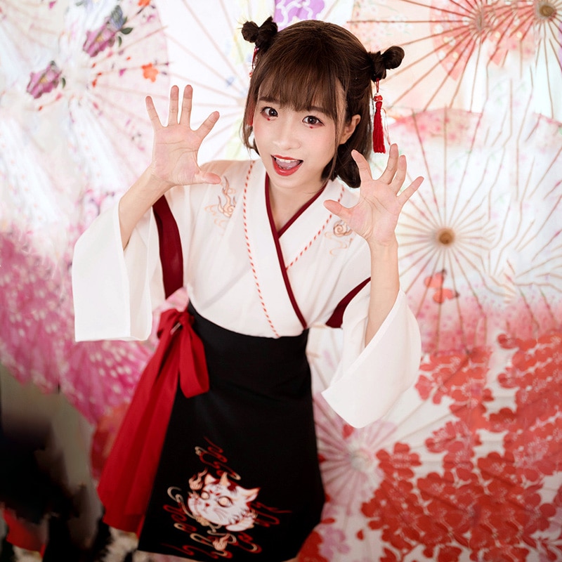 Ensemble robe japonaise femme motif Neko 3